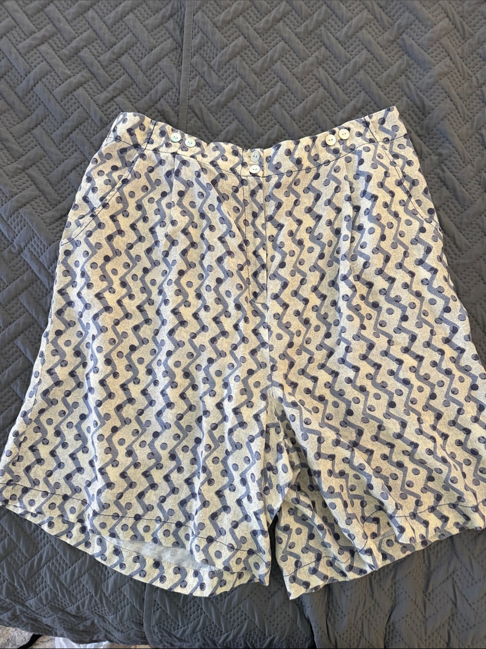 Women's Blue Patterned High-Waist Linen Shorts